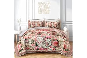 AILONEN Floral Cat Quilted Bedding Set King Size - Pink Cat Bedspread Coverlet,3-Piece Printed Bedding for Kids Girls Room Decor,Soft Microfiber Quilt,2 Pillowcases