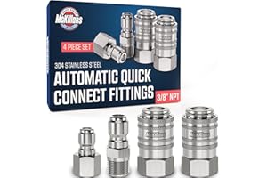 McKillans® 3/8" NPT Automatic Pressure Washer Quick Connect Kit of 4 - Stainless Steel - 3/8" Pressure Washer Quick Connect Fittings - Power Washer NPT 3/8" - PUSH-TO-CONNECT - Upgraded Viton O-Rings