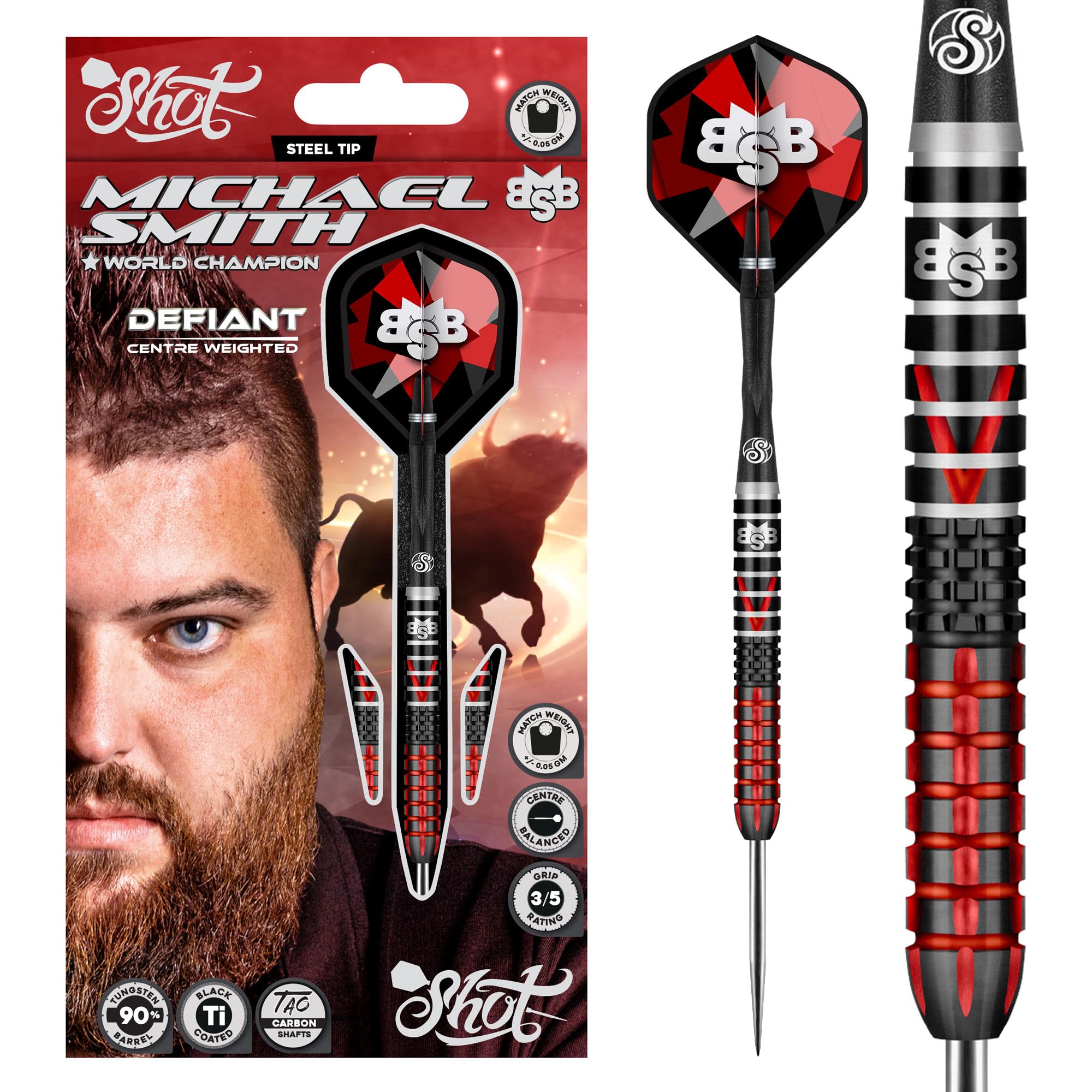 Shot! Darts Michael Smith Defiant Center Weighted 90% Tungsten Pro Throwing Darts Steel Tip Set Professional Made in New Zealand Designed Dart Flights for Women & Men Metal Tip Bar Darts for Adults