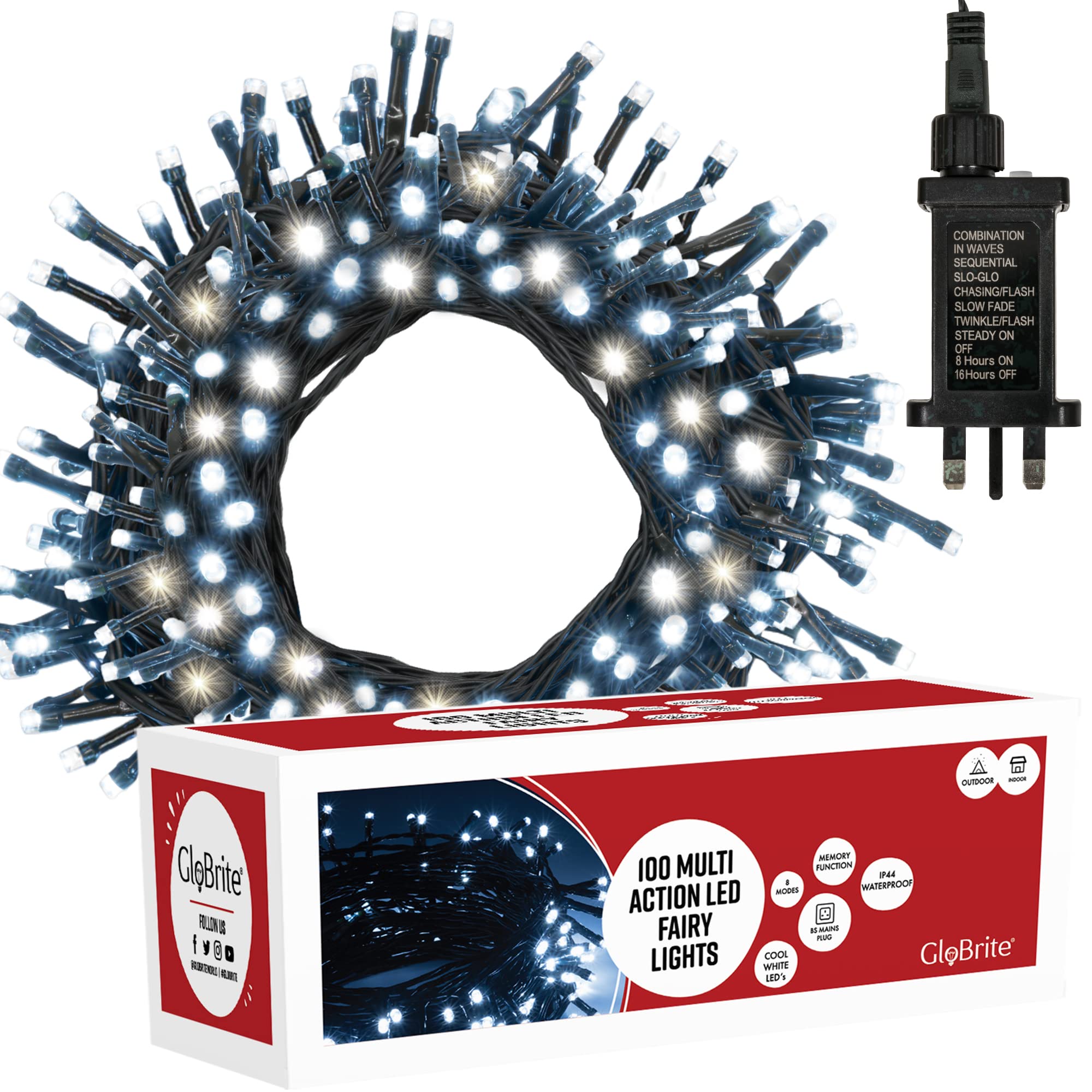 GloBrite 100 LED Fairy Lights - Versatile Christmas Lights with 8 Modes, Outdoor Fairy Lights, Christmas Tree Lights and Christmas Decorations - Waterproof Christmas Lights Outdoor - Cool White