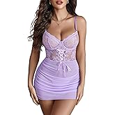 Avidlove Sexy Lingerie for Women Floral Lace Babydoll V Neck Nightgown Boudoir Outfits S-XXL