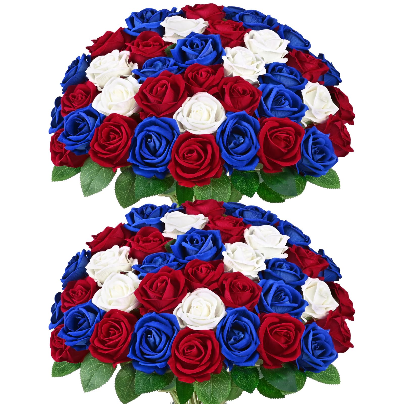 50Pcs Red White Blue Roses Artificial Flowers, Real Touch Velvet Roses Bouquet Fake Flowers Bulk, Artificial Roses with Long Stems for Birthday Gift Women Mom DIY Bridal Wedding Centerpiece Decoration