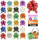 24 Pcs Pull Bows for Gift Baskets, 12 Colors 6 Inches Large Gift Bows for Presents, Phnom Penh Gift Wrap Bows for Presents & Crafts, Pull Ribbon Gift Bows for Party, Christmas, Thanksgiving.