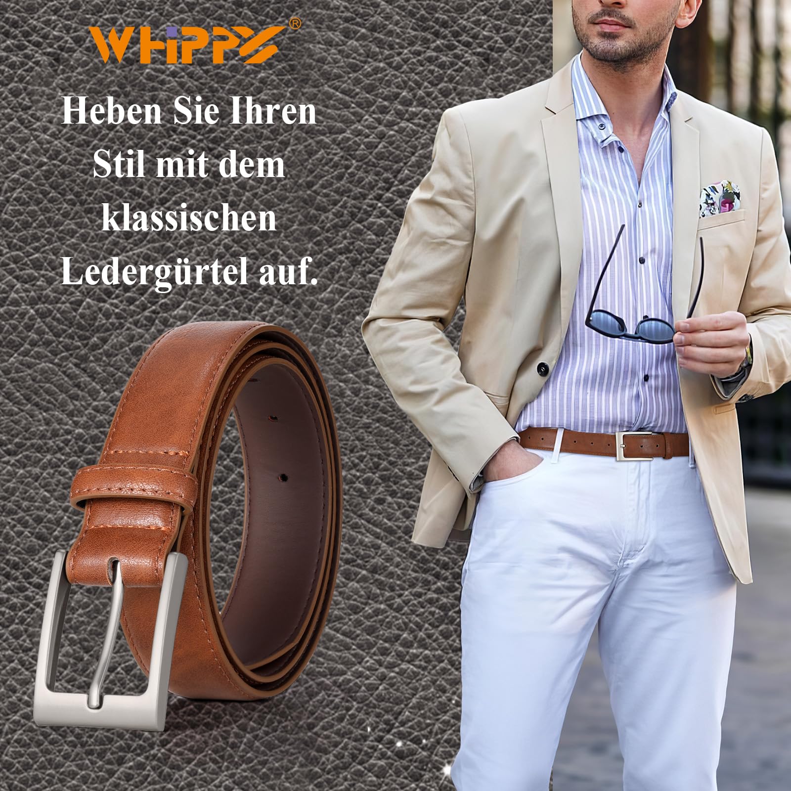 WHIPPY Herren Gürtel, Herren Ledergürtel klassischer Jeansgürtel für Männer 38mm breit,braun 110cm 2