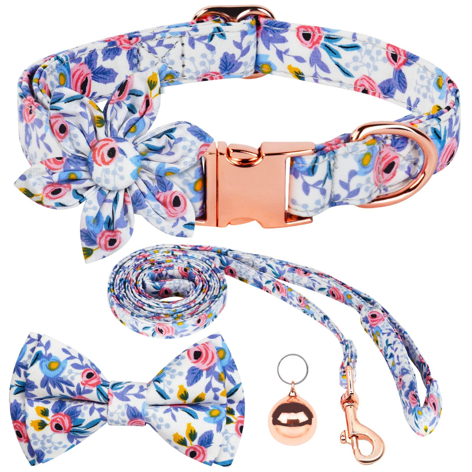 AUAUY Dog Collar and Leash Set, Release Adjustable and Comfortable Collar, Flower Girl Floral Pattern Engraved Pet Collars with Beautiful Bowtie and Little Bell for Small Medium Large Dogs(Blue L)