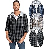 Mens Plaid Button-up Hoodies Loose Fit Long Sleeve Cotton Casual Tops Lightweight Hooded Flannel Shirt with Pockets