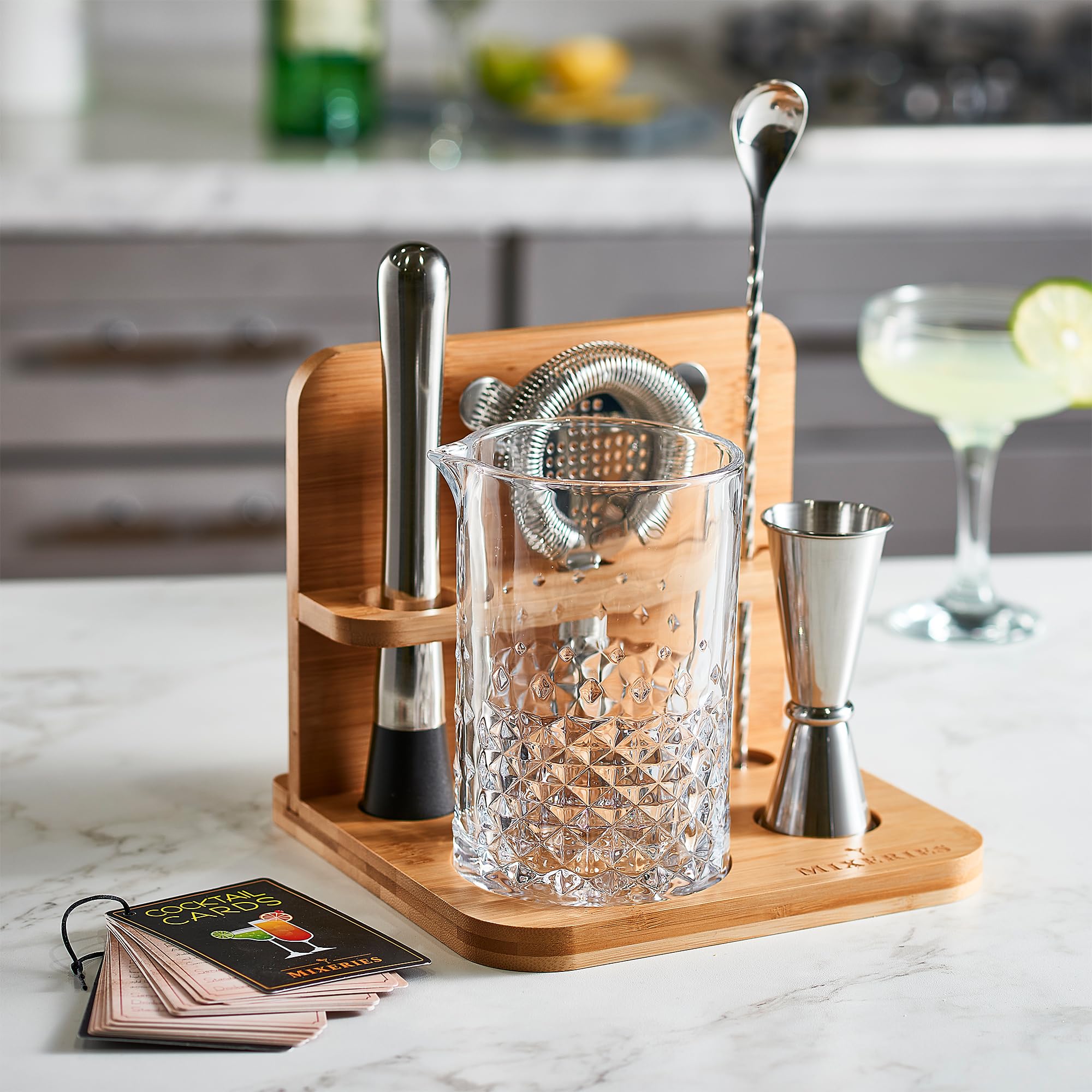Mixeries Crystal Cocktail Mixing Glass Set with Bamboo Stand - 22 Oz 650ml - Thick and Sturdy Bottom, Durable and Seamless Design with Bar Accessories Gift Set - Image 2