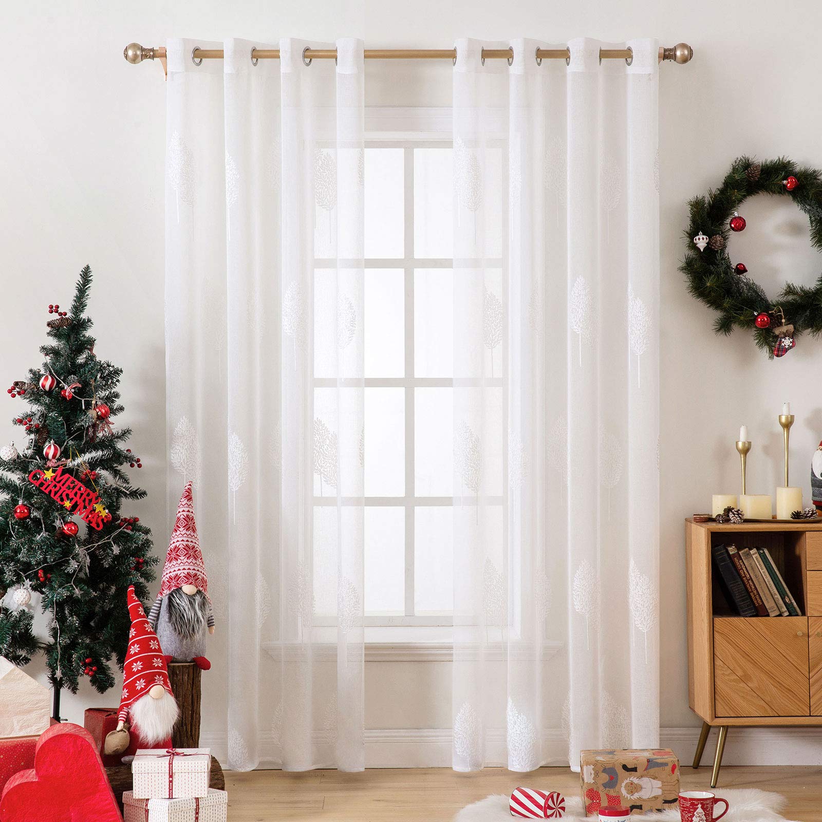 MIULEE Leaves Embroidery Sheer Decoration Grommet Window Curtain Semi Voile Drapes Panels with Eyelets Window Treatments for Living Room Bedroom Big Leaves 2 Panels 55" Wx 69" L White