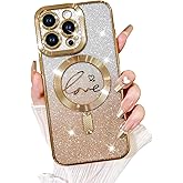 Fiyart Designed for iPhone 14 Pro 6.1" 2022 Released Case,Compatible with MagSafe Love Heart Plating Camera Protection TPU Magnetic Glitter for Women Girls Shockproof Phone Bumper-Gold