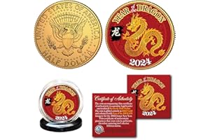 MERRICK MINT 2024 Year of The Dragon Chinese Lunar New Year of The Dragon 24K Gold Plated JFK Kennedy Half Dollar Coin