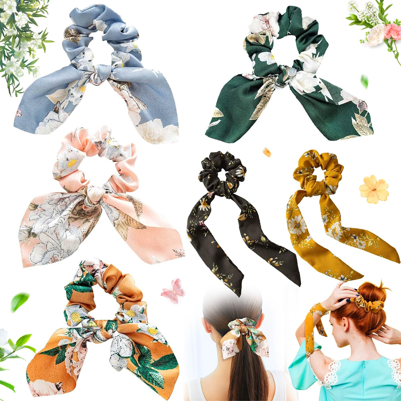 Pack of 6 Hair Bobbles Chiffon Ponytail Holders Silk Satin Bow Hair Bobbles Chiffon Hair Bobbles with Bow for Ponytail and Hairstyle