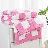 Carriediosa Checkered Throw Blanket 50" X 60", 400GSM Ultra Soft Microfiber Fuzzy Fluffy Reversible Cute Preppy Knitted Blankets Cozy Plush Fall Throws for Couch, Bed, Sofa, Hot Pink