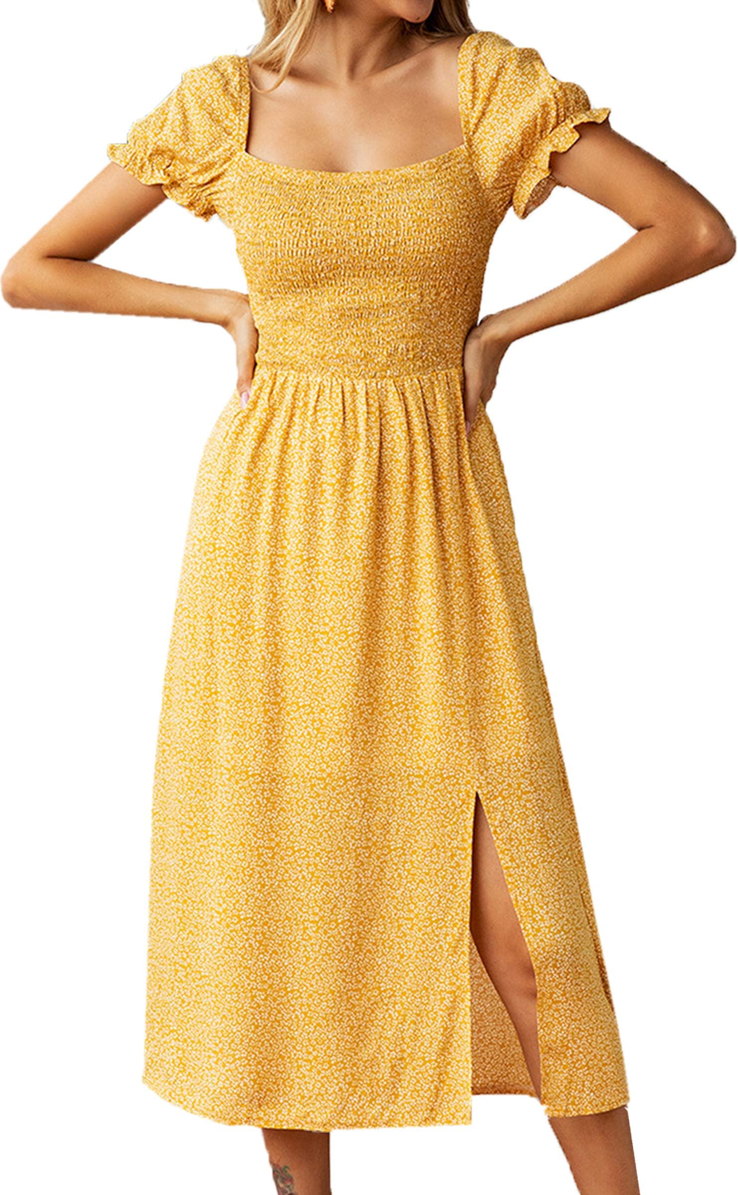 Angashion Women Dresses-Summer Polka Dot Boho Ruffle Elastic Square Neck Midi Dress with Slit