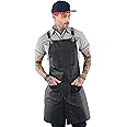 Under NY Sky Cross-Back Panther Black Apron – Coated Twill with Leather Reinforcement and Split-Leg – Adjustable for Men and Women – Pro Barber, Tattoo, Hair Stylist, Barista, Bartender, Server Aprons