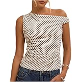 Verdusa Women's Striped Off The Shoulder Tops Ruched Going Out Tops Sleeveless T Shirts