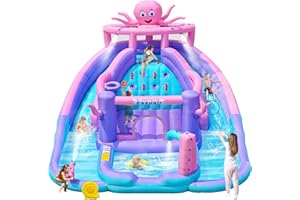EASYAIR Inflatable Bounce House Water Slide Combo, Blow Up Water Slides for Backyard, Kids Jumper with Climbing Wall, Basketball Hoop, Splash Pool with Blower (Octopus Water Slide)