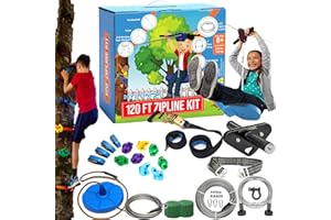 HYPONIX SPORTING Zip Line Kit for Kids and Adults, 100/120/150/200ft, Up to 350 Lbs, Removable Trolley, Rustproof Stainless Steel, Quick Setup with Ratchet, Safety Harness, Backyard Adventure Fun W/Climbing Holds