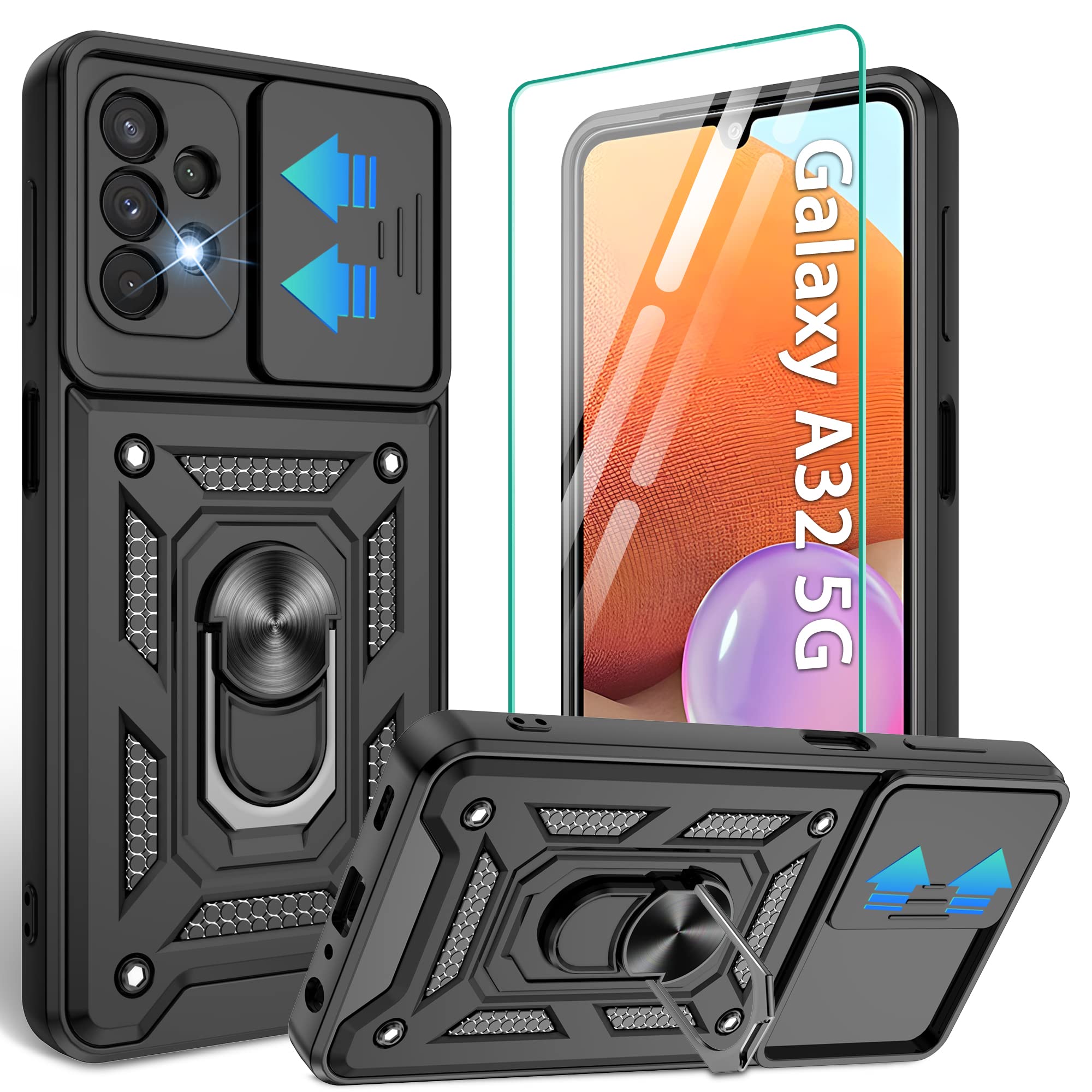 for Samsung Galaxy A32 5G Case with HD Screen Protector, Heavy Duty Shockproof Phone Cover with Magnetic Kickstand Ring for Galaxy A32 5G,Black