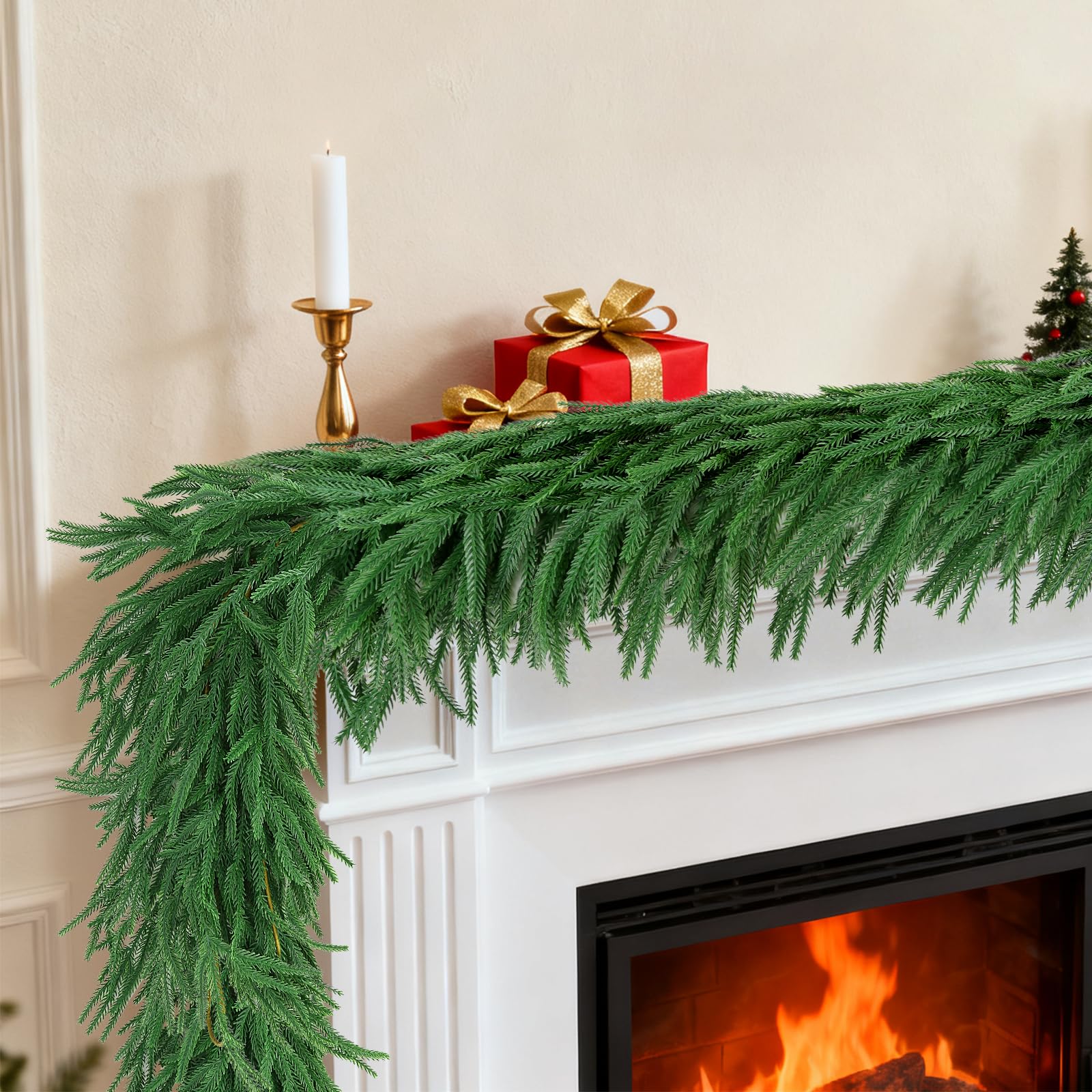 Photo 1 of 12 FT (2 * 6FT) Norfolk Pine Garland Artificial, Realistic Christmas Greenery for Mantle Table Wall, Real Touch Winter Pine Garland for Christmas Indoor Outdoor Decor (80 Branches)