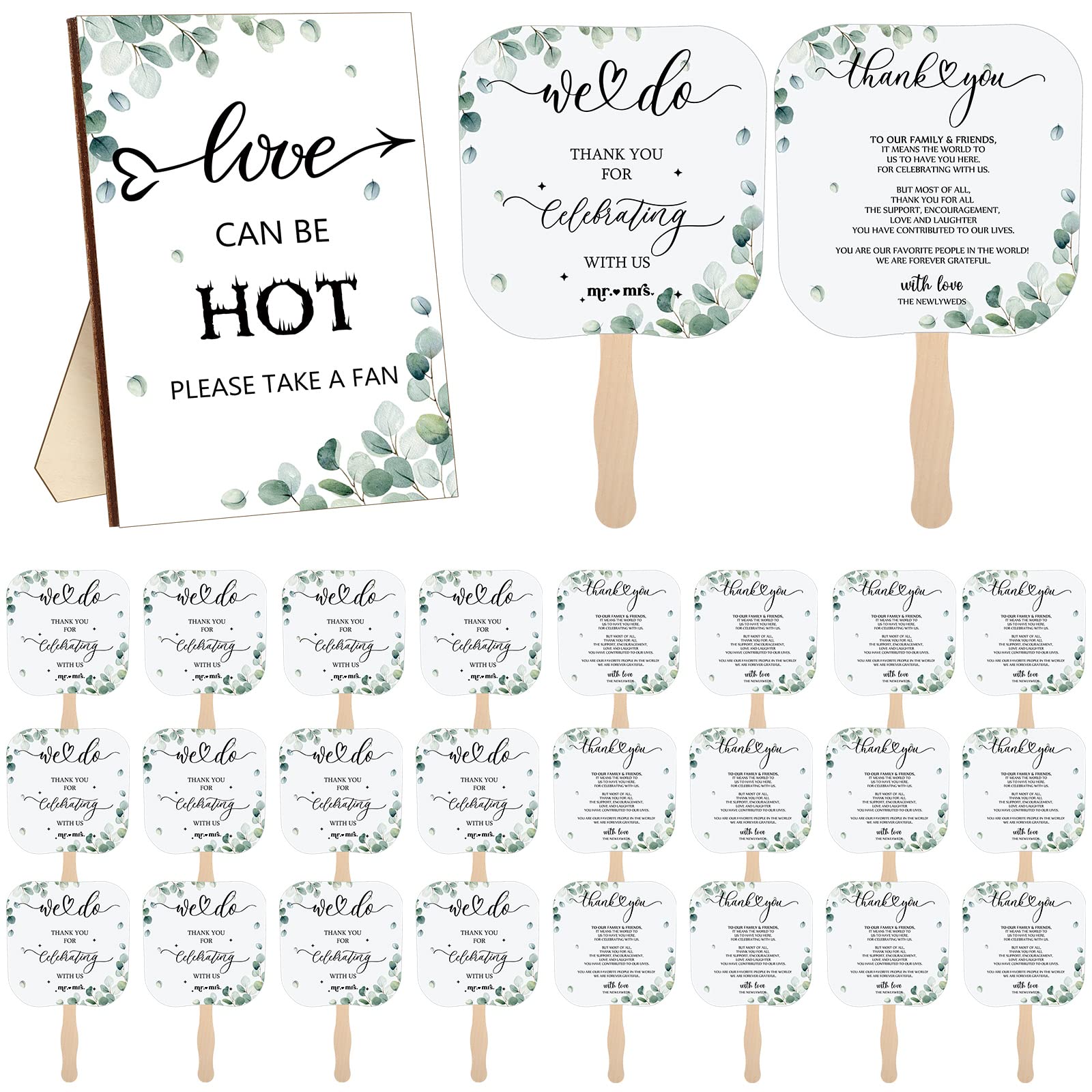 Photo 1 of Fumete Wedding Favors for Guests 50 Pcs Wedding Fans and 1 Pc Table Sign Portable Paper Fan with Wooden Handle Hand Fan for Bridal Shower Party Favor Appreciation Gift(Greenery)