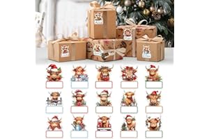Whaline 120 Pcs Christmas Highland Cow Name Tags Gift Labels Poinsettia Cattle Self Adhesive Name Tag Stickers for Xmas Prese
