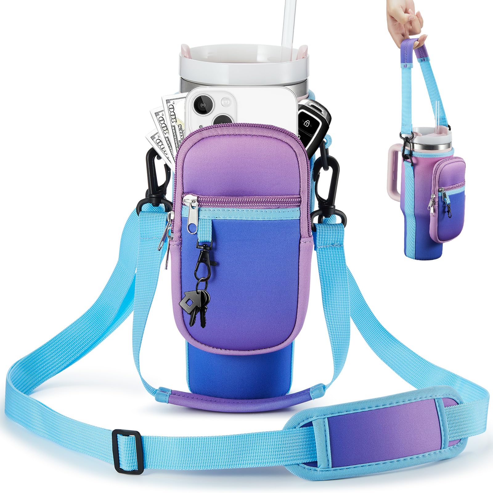 Photo 1 of (pink version) BULKITEM 30oz Water Bottle Carrier Bag with Phone Pocket for Pink Blue Gradient Stanley 30 oz Tumbler with Handle, Insulated Neoprene Cup Holder Pouch Strap for Valentines Stanley Cup Accessories