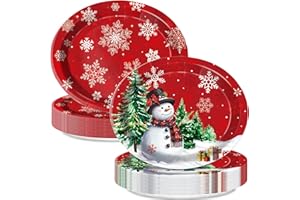 QIYANPAX 30 PCS Christmas Oval Paper Plates, Large 9" x 11" Disposable Serving Platters, Snowman & Snowflake Holiday Plates for Xmas Parties, Winter Events & Festive Table Decor