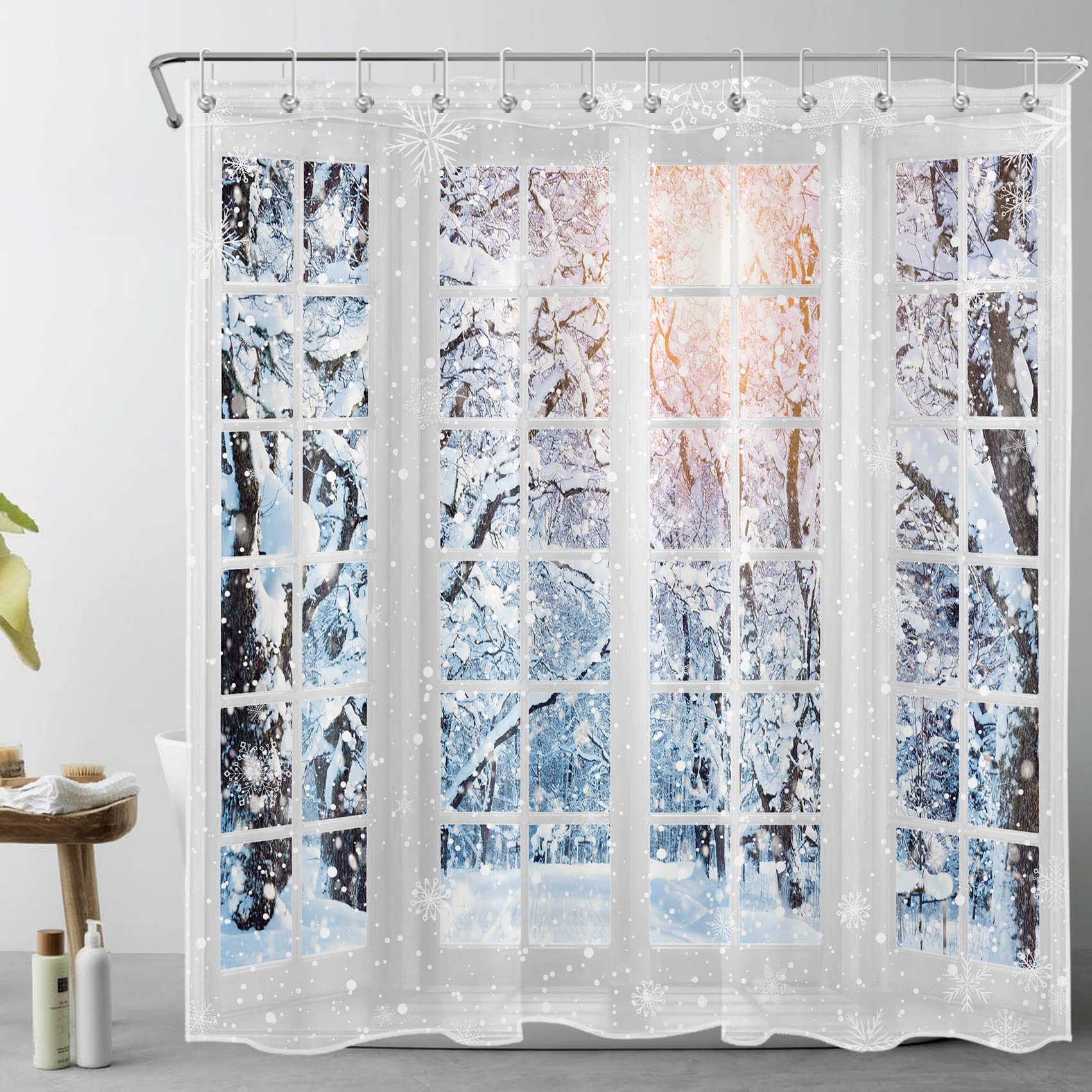 LB Snow Forest Shower Curtain Winter Scenery outside Window Shower Curtains for Bathroom Trees with Snowflake Polyester Anti Mould Waterproof Bath Curtain Set with Hooks,71x71 inches