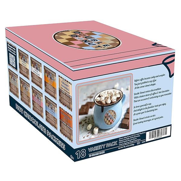 DOUBLE DONUT FLAVORED HOT CHOCOLATE PACKETS VARIETY PACK,18 COUNT INCLUDES CLASSIC, CHOCOLATE RASPBERRY, SALTED CARAMEL & PEPPERMINT