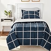 Amazon Basics 5-Piece Lightweight Microfiber Comforter Set with Sheets, Bed-in-a-Bag, Navy with Grey Plaid Bedding, Twin/Twin XL