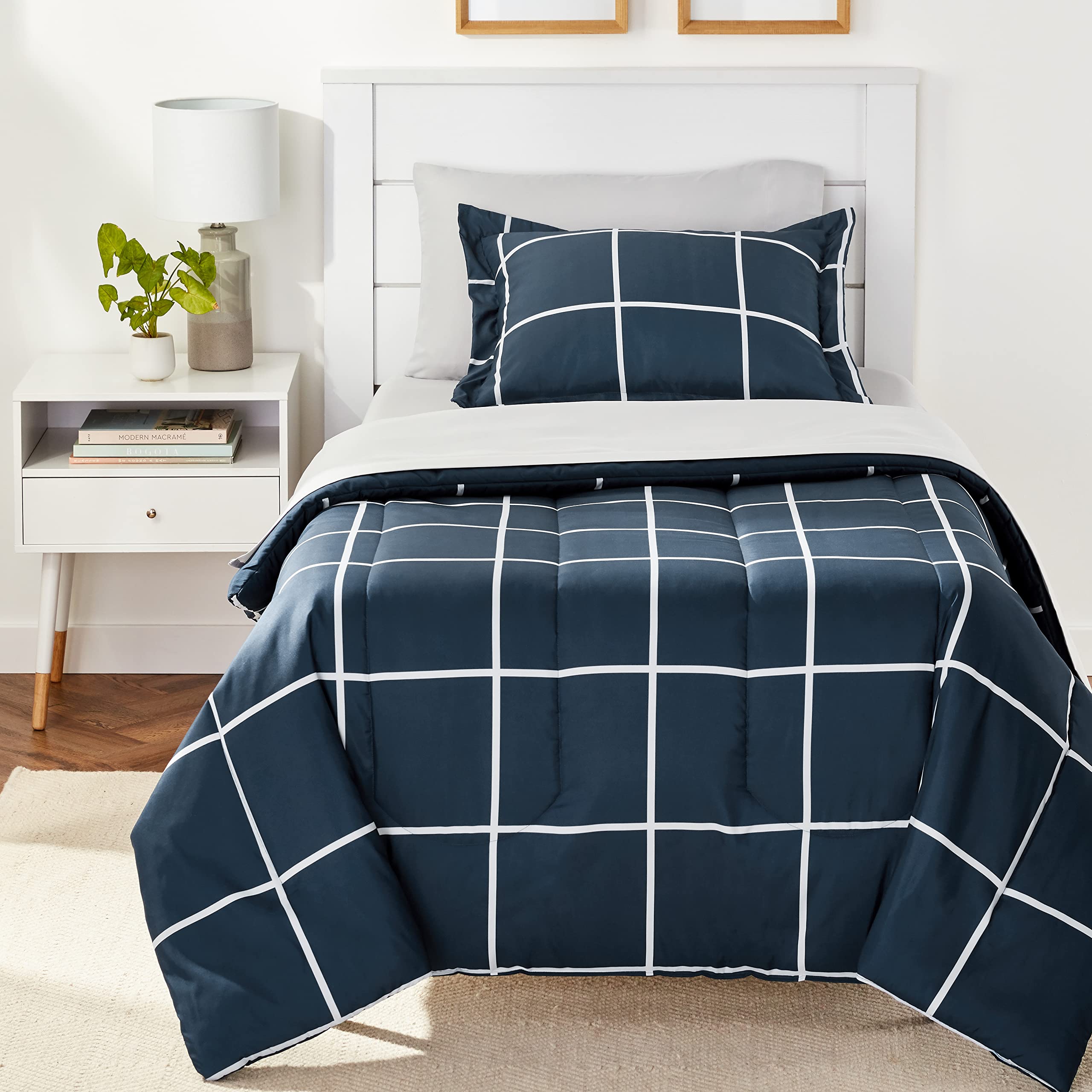 Photo 1 of Amazon Basics Twin/Twin XL Comforter Set with Sheets, 5-Piece Navy with Grey Plaid Bedding, Lightweight Microfiber Bed-in-a-Bag