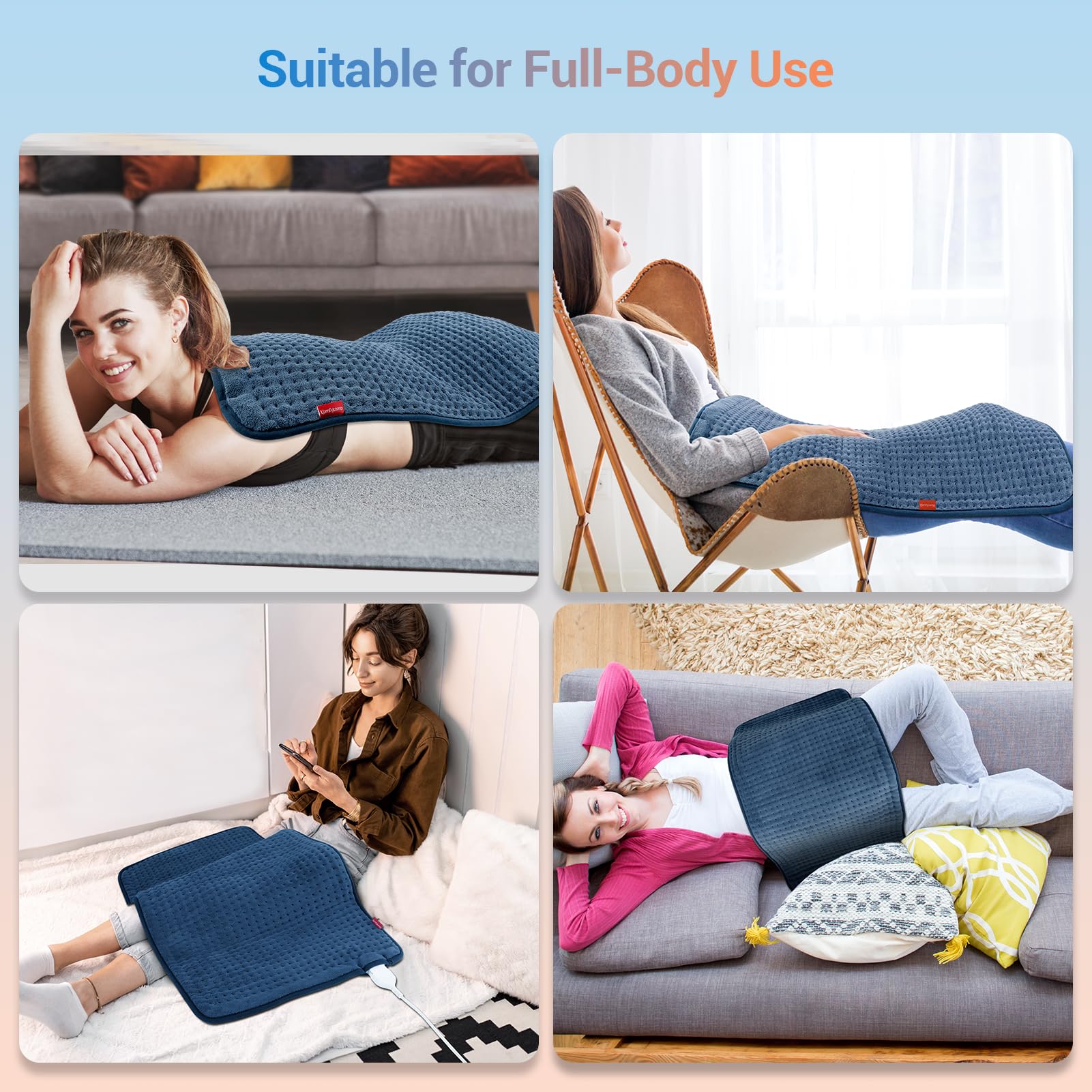 Comfytemp Heating Pad for Back Pain Relief, Extra Large Heating Pad XXL, Birthday Gifts for Women Mom Her Wife, 17''x 33'' King Size Electric Heating Pads for Period Cramps (Blue)