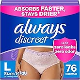 Always Discreet Adult Incontinence Underwear for Women and Postpartum Underwear, Size L, Up to 100% Bladder Leak Protection, 