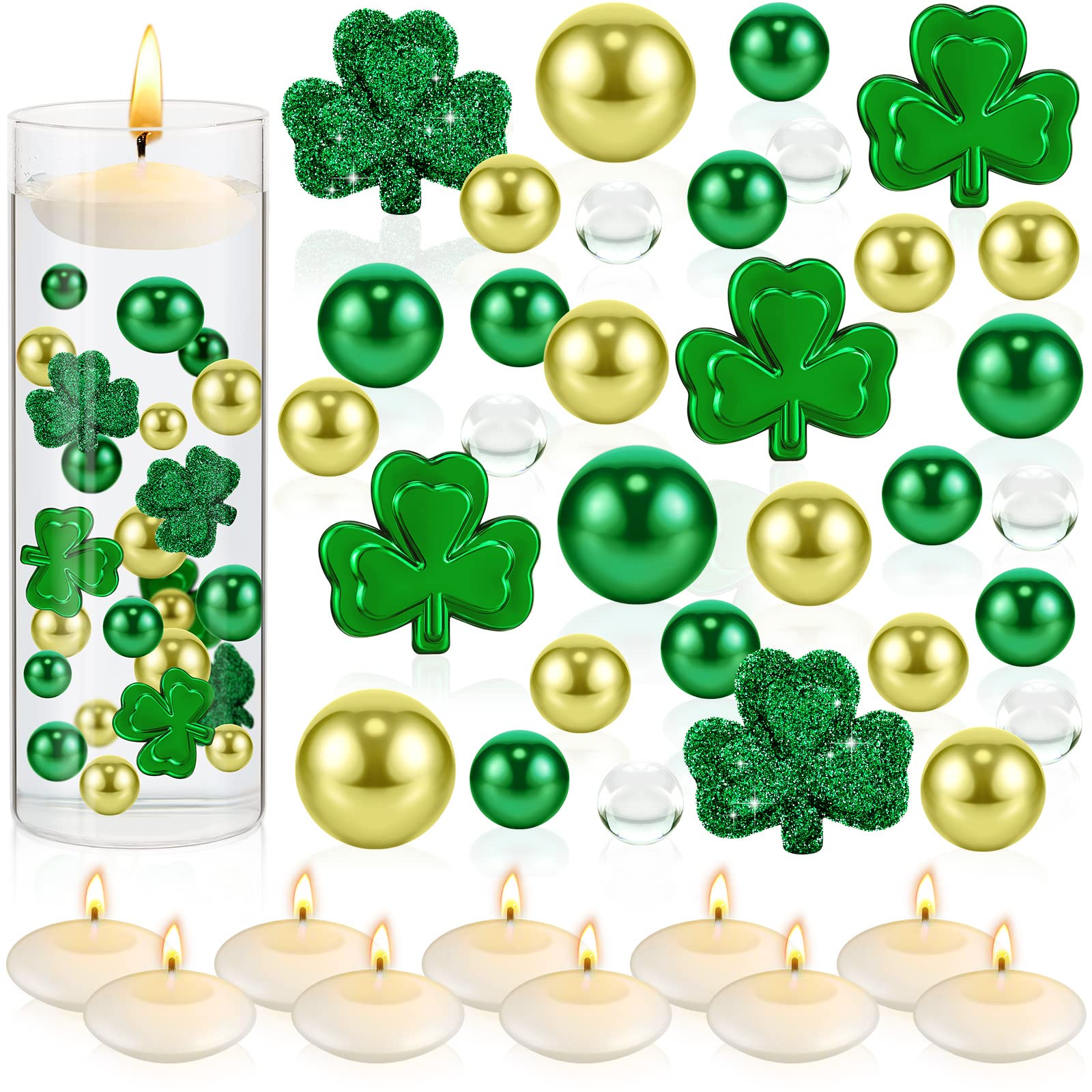 Photo 1 of 2124 Pieces St. Patrick's Day Vase Filler Shamrocks Ornament for Vase Filler Pearls for Vases with 10 Pieces Unscented Candles for St. Patrick's Day Festival Party Table Home Decor