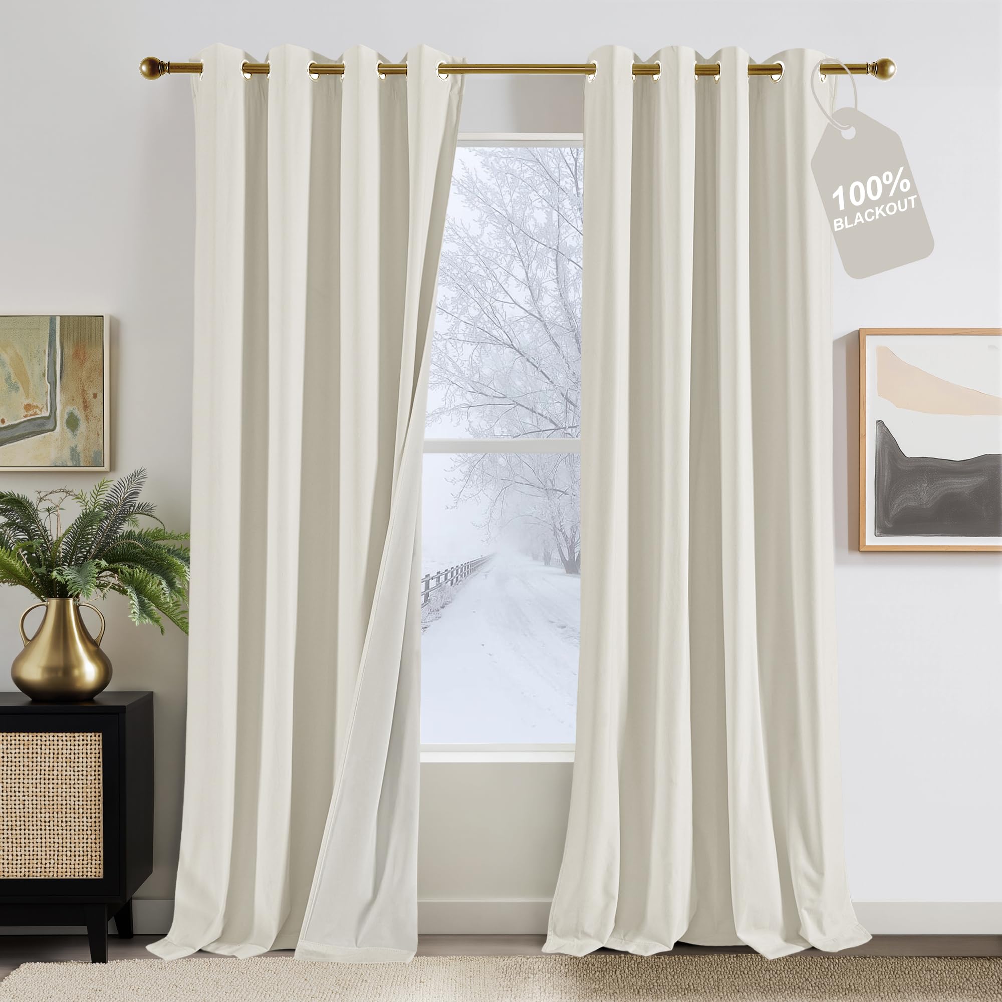 Photo 1 of NICETOWN 100% Blackout Velvet Curtains 2 Panels 52 x 96, Cream Ivory Velvet for Home and Office Sound Dampening Room Darkening Drapes for Luxury Living Room, Set of 2