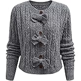 CHICWISH Women Hollow Out Cable Knit Cardigan Bowknot Button Up Crewneck Long Sleeve Casual Sweater Cardigan Coats