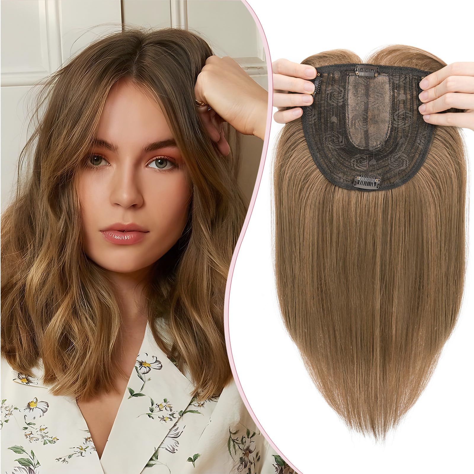 S-noilite Hair Toppers for Women with Thinning Hair 14 Inch Toppers Hair Pieces Women Wiglets with Fringe Bangs 6"x6" Lace Base Clip in Synthetic Hairpieces,Straight Honey Blonde Mixed