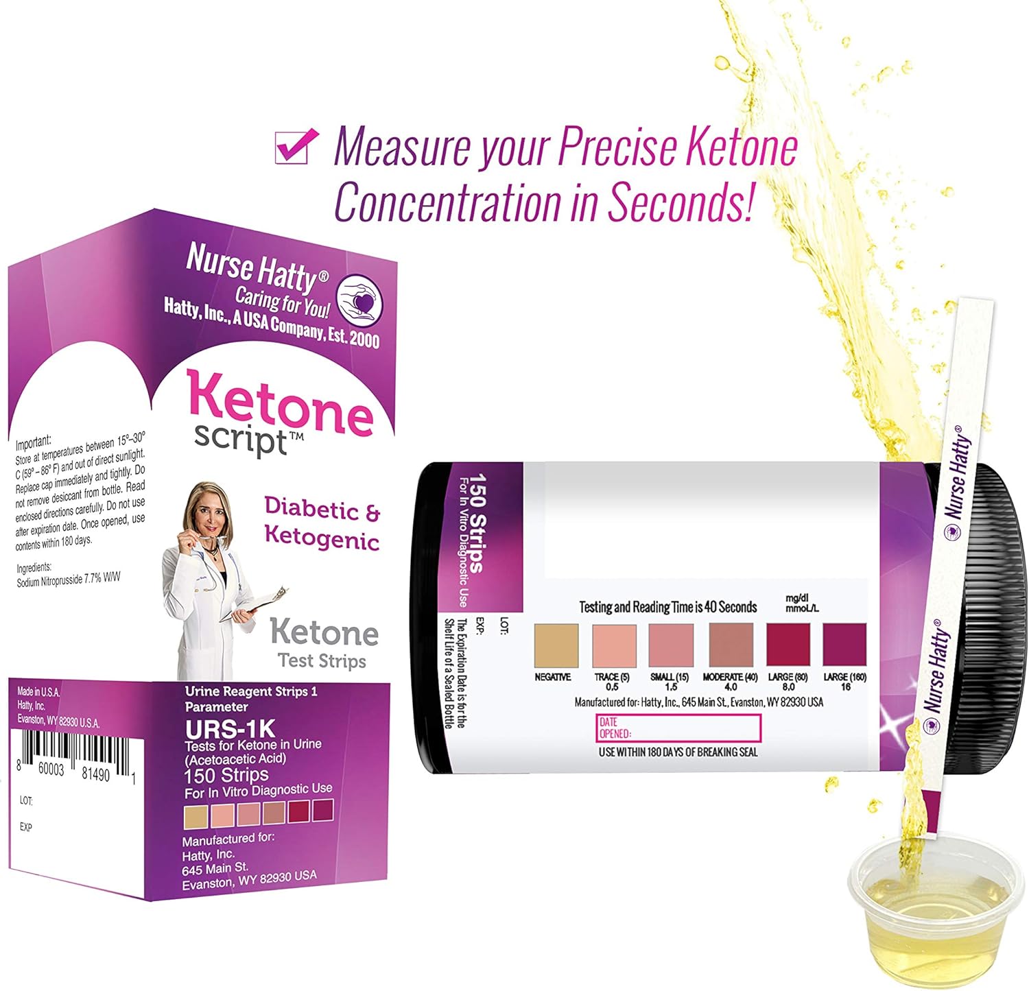 Nurse Hatty - Diabetic & Ketogenic Keto Strips – Fresh – USA-Made – High-Performance – Now Lasts 6 Months - 2-Year Shelf Life (150ct. Long Ketone Test Strips): Health & Personal Care