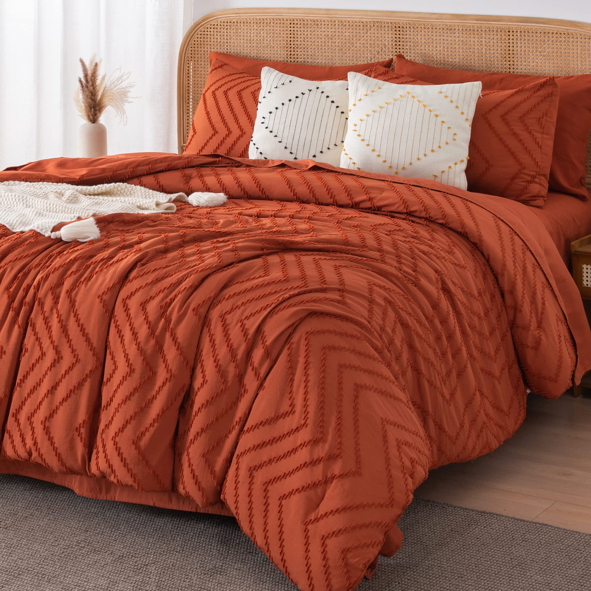 Litanika California King Comforter Set with Sheets Burnt Orange - 7 Pieces Bed in a Bag Cal King Boho Terracotta Bedding Sets Rust Lightweight Bed Set with Comforter, Sheets, Pillowcases & Shams Image