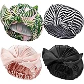 Floraltop 4 Pcs Shower Caps for Women, Waterproof Reusable Shower Hair Caps Bowknot Satin Bath Hair Caps Elastic Hem Turban Bath Caps for Long Short Curly Hair Women Girls (Stripe)
