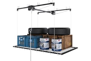 Montary 4x8 FT Overhead Garage Storage Rack for 10-12 FT Ceiling, Adjustable Ceiling Lifting Storage Rack with Safety Lock, 325LBS Capacity Steel Construction Heavy-Duty Garage Organizer Rack