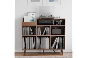 Cozy Castle Large Record Player Stand, Vinyl Storage Cabinet Mid Century Modern Turntable Stand Media Console Table Open Shelf Cube CD Album Holder Organizer for Living Room, Office, Brown