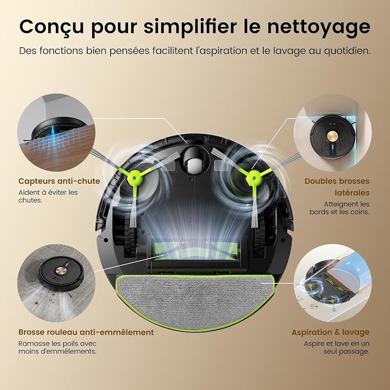 R10 Robot Aspirateur Laveur 2 en 1, 6000Pa, 160Min, 76MM, 50dB — photo 7 sur 8