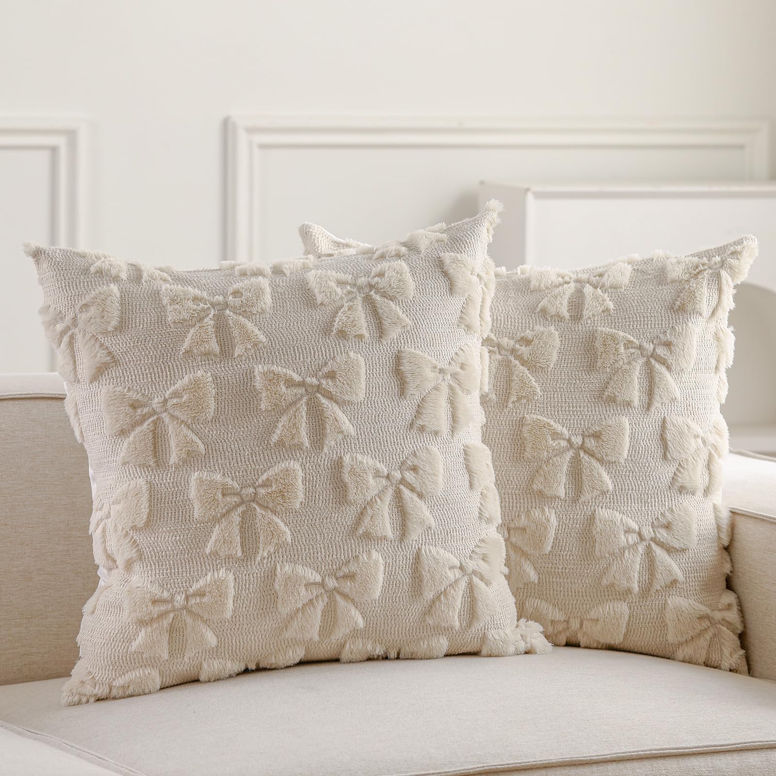 Mixweer Bow Pillow Covers Set of 2 Coquette Room Decor Cute Faux Fur Soft Bowknot Preppy Stuff Fluffy Plush Aesthetic Pillow Covers for Bed Sofa Couch, Fall Christmas Decor(20 x 20 Inch,Beige)