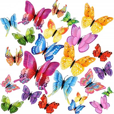 Siganorpy 24Pcs 3D Butterfly Wall Sticker Decor Multicolour Magnets Gum Reusable