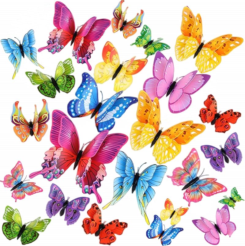 Siganorpy 24Pcs 3D Butterfly Wall Sticker Decor Multicolour Magnets Gum Reusable