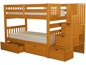 Bedz King Stairway Bunk Beds Twin over Twin with 3 Drawers in the Steps and 2 Under Bed Drawers