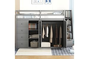 Harper & Bright Designs Full Size Loft Bed with Stairs, Wood Loft Bed with 2 Wardrobes, Full Loft Bed with Storage Drawers and Cabinet, High Loft Bed Frame for Kids Teens Adults, Grey