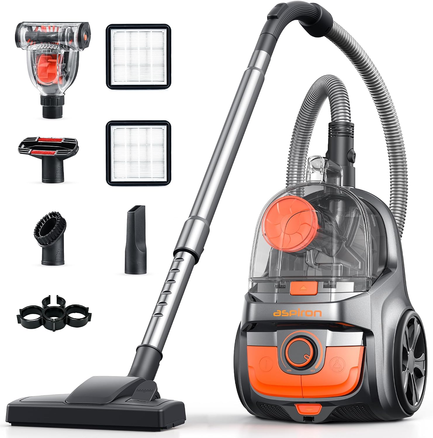 Aspiron Canister Vacuum Cleaner, 40Kpa Bagless Vacuum Cleaners, 4QT Large Dust Cup, Double HEPA Filter, Retractable Cord, 1600W Lightweight Vacuum Cleaner with 5 Tools for Hard Floors, Orange
