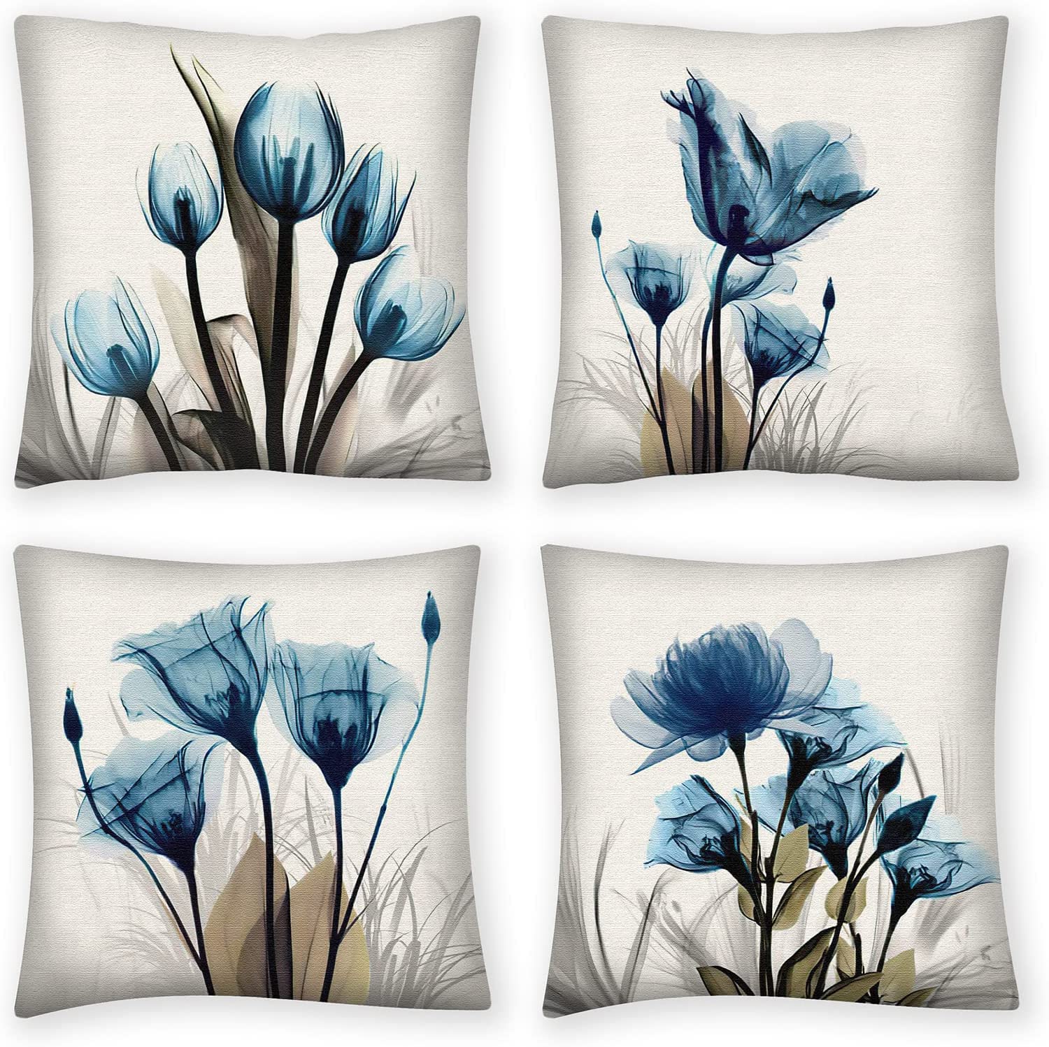 QUALKNOY Set of 4 Cushion Covers 18"x18" Blue Flower Linen Modern Art Decorative Throw Pillow cases 45 x 45cm for Living Room Sofa Outdoor Pillowcases โ image 1
